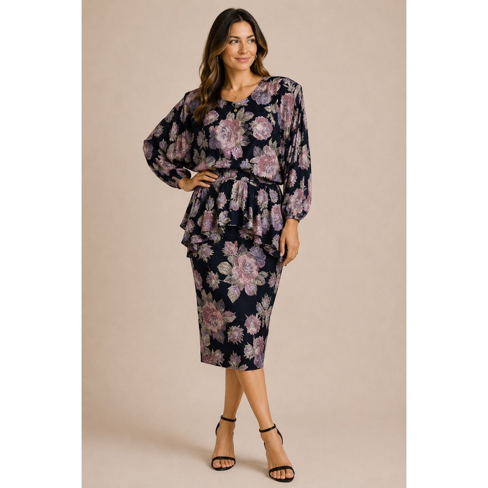 Vintage 80s Regina Kravitz‎ Floral Peplum Midi Dress Open Back Romantic M 8/10